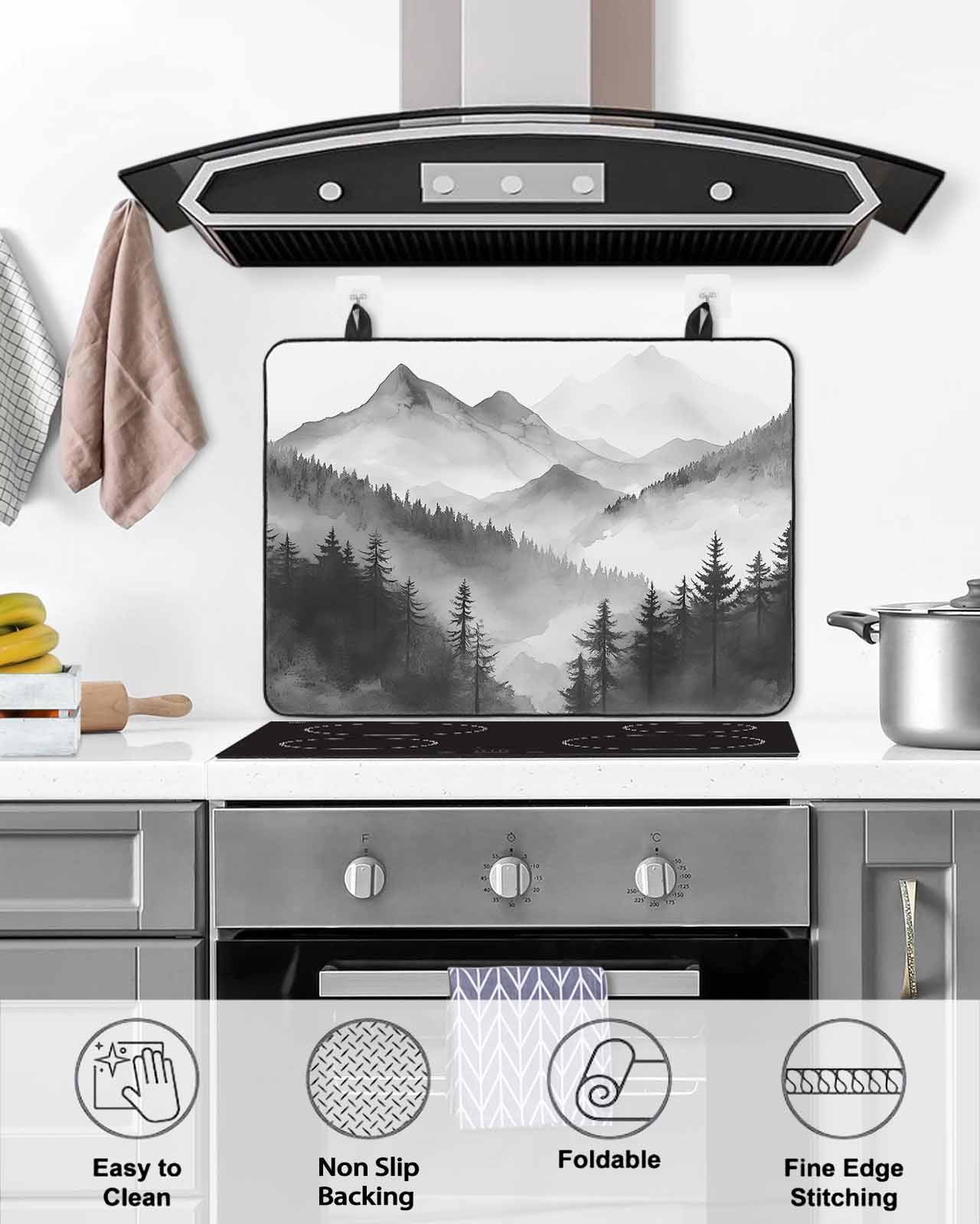 nqOlkjepod Large Induction Cooktop Protector Mat 36"x21", Black Mist Forest Stove Top Covers for Electric Stove, Vintage Natural Mountain Landscape Stove Burner Cover Mats, Glass Top Stove Cover