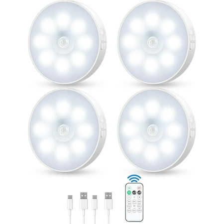 

Motion Sensor Puck Light With Remote Wireless Dimmable Under Cabinet Lights Rechargeable Magnetic Closet Light Stick On Night Light 4-Pack