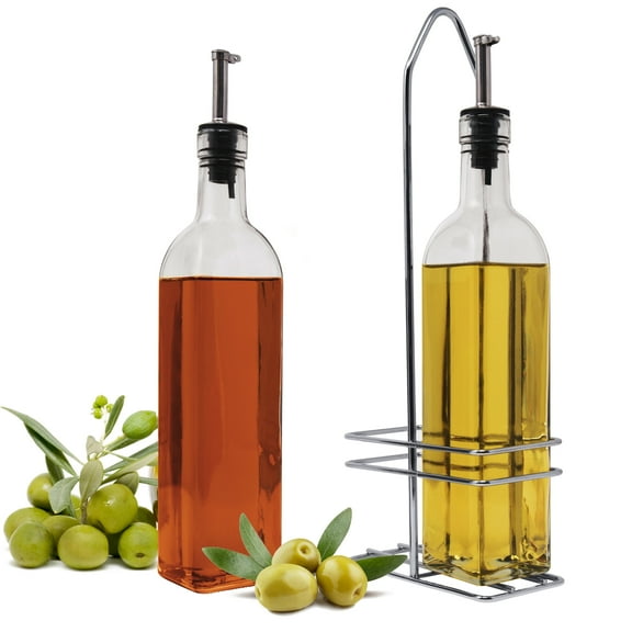 Verser 2-Pack Oil & Vinegar Dispenser Set – 17 oz Clear Glass Cruet Bottles with Non-Drip Stainless Steel Spouts & Metal Rack for Kitchen and Dining