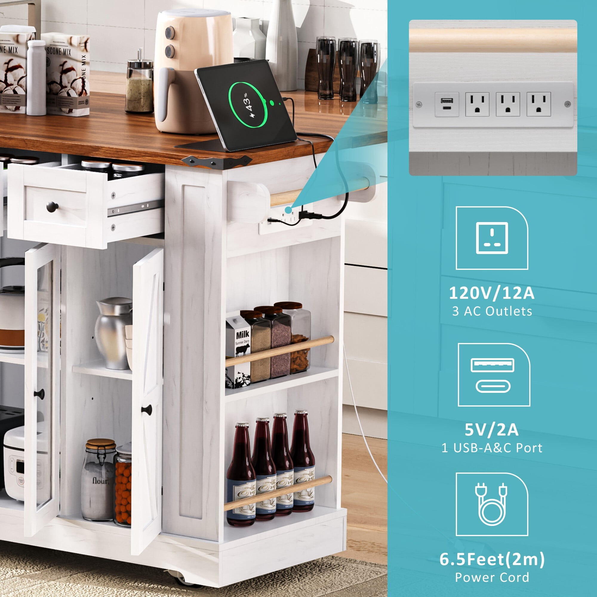 DEALTOPS 53" Rolling Farmhouse Kitchen Island Cart with Drop Leaf, Charging Station & Glass Doors, White