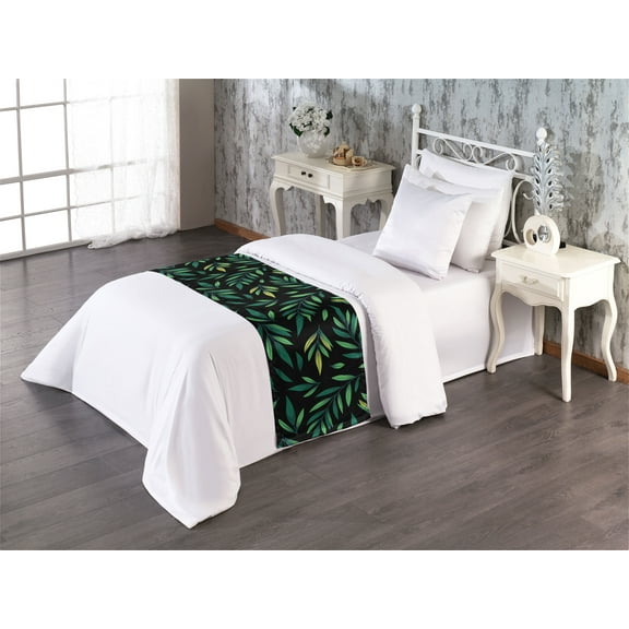 Leaves Greenery Bed Runner, Simple Design Leafy Pattern on Darkened Back Bohemian Jungle, Decorative Accent Bedding Scarf for Hotels Homes & Guest Rooms, Twin, Fern Green Charcoal Grey, by Ambesonne