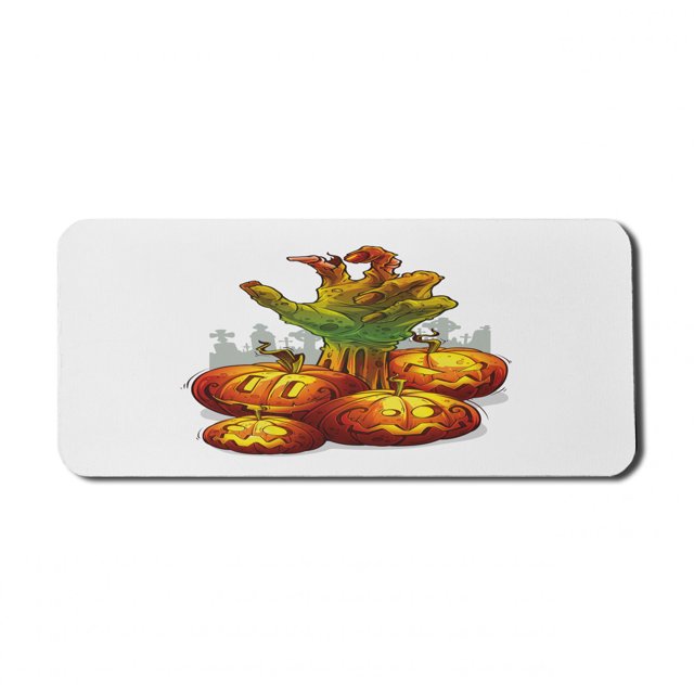 Halloween Computer Mouse Pad, Zombie Hand in Spooky Pumpkins on Cemetery Silhouette Backdrop, Rectangle Non-Slip Rubber Mousepad X-Large, 35" x 15", Burnt Orange White and Green, by Ambesonne