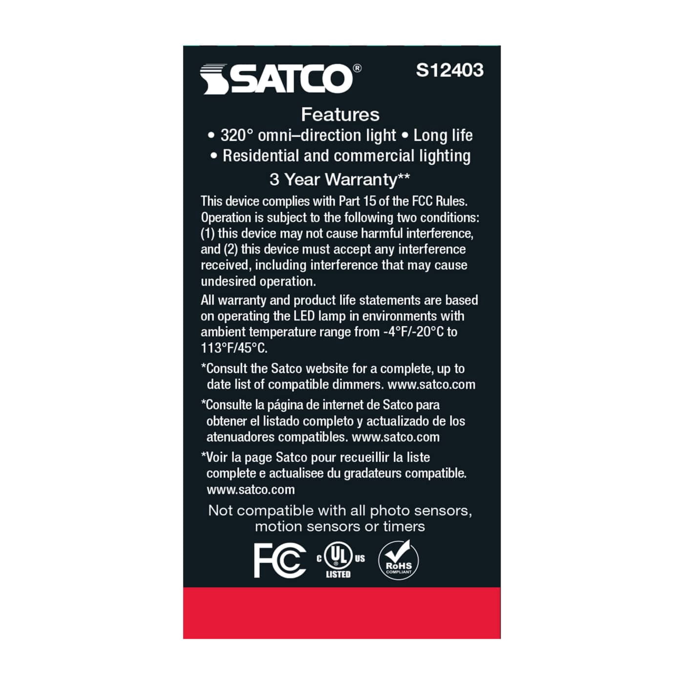 Satco S12403 A15 LED Filament Light Bulbs 5W 120V 5000K 90+ CRI E26 Medium Base Dimmable WET Location (6 Pack)