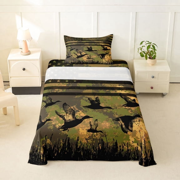 Manfei Mallard Duck Twin Sheets,Rustic Farmhouse Bedding,Pixeled Camouflage Decor,3-Piece,1 Fitted Sheet and 1 Pillowcase