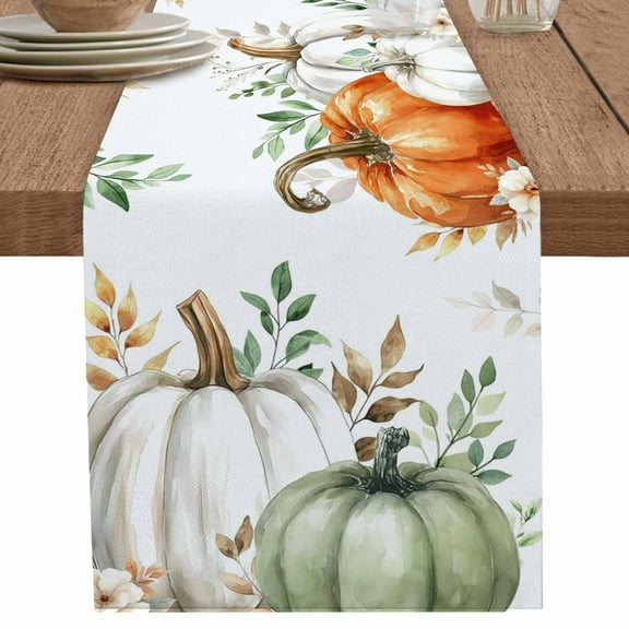 Thanksgiving Table Runner 90 Inches Long for Dining Table Decor,Fall Sage Green White Pumpkin Maple Leaf Burlap Linen Farmhouse Table Runner Coffee Table Runners Dresser for Kitchen Party Holiday
