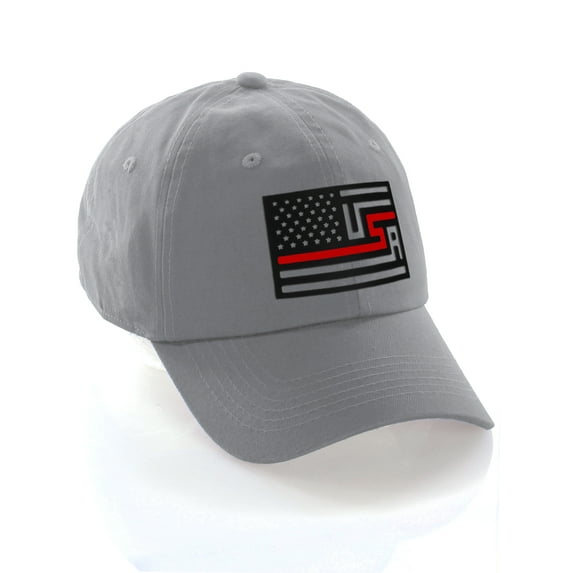 American Thin Blue Red Line Redesigned Support Serviceman Flag Baseball Hat Cap (Thin Red Line, Grey Hat)