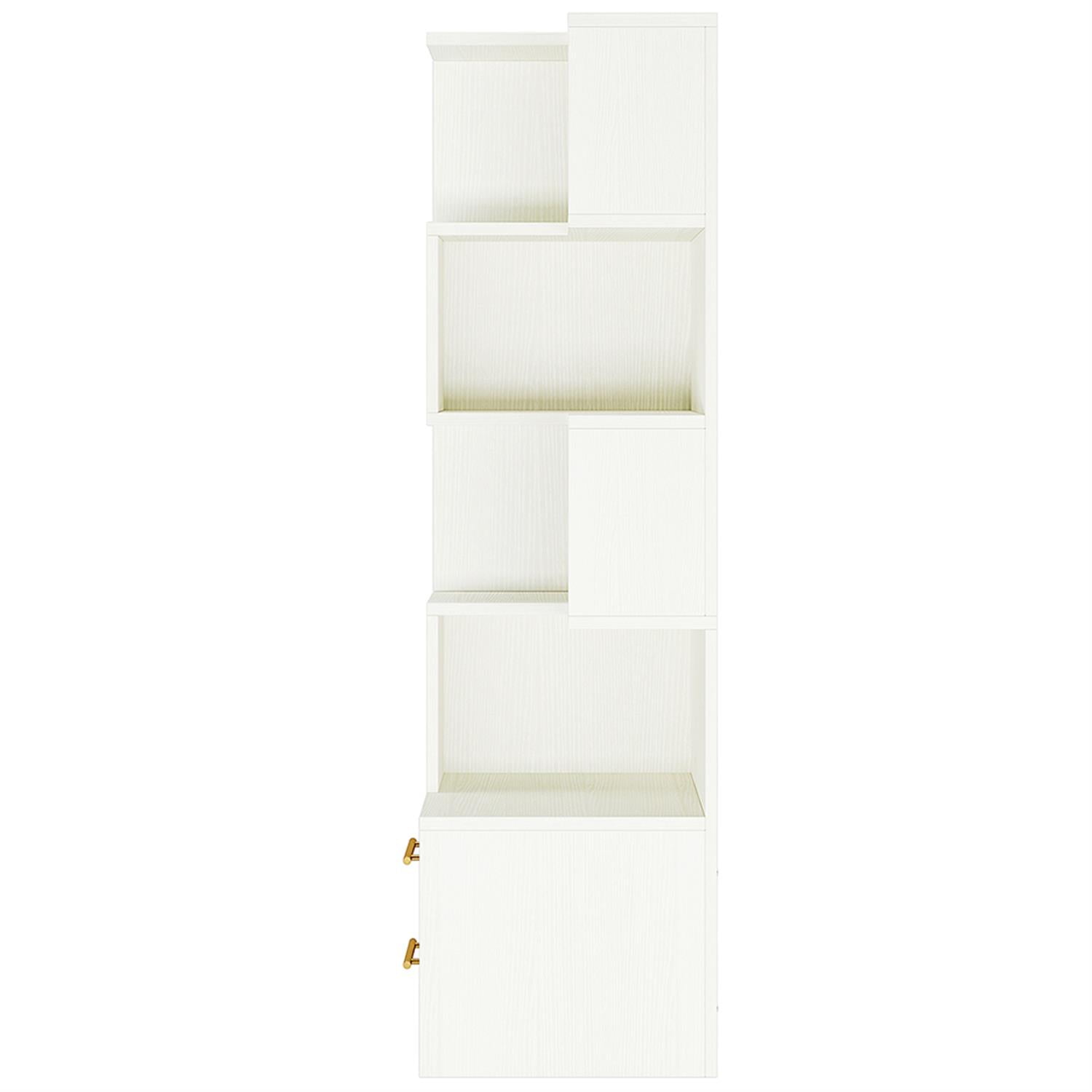 Demi Bonn 5 Tier Corner Bookcase with 2 Drawers, Wood Bookshelf Storage Organizer, L-Shaped Display Standing Shelf Unit for Bedroom, Living Room, White