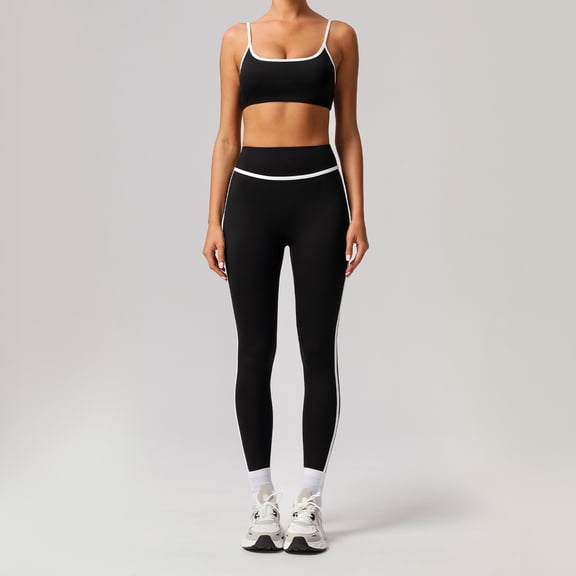 PISONIC Women's 2 Piece Workout Set Color Block Strappy Sports Bra, High Waisted Tummy Control Shorts, Backless Yoga Gym Athletic Outfit