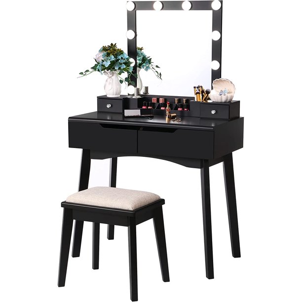 BEWISHOME Vanity Set with Lighted Mirror, Modern Black Paint Fnish