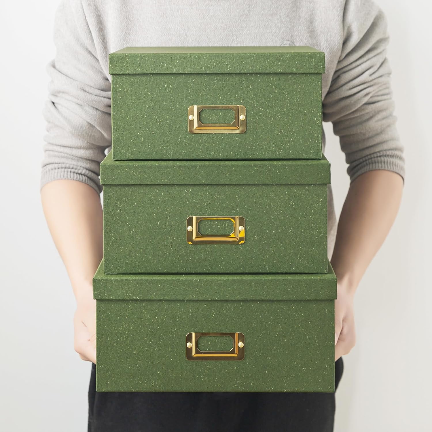 Square Stacking Boxes with Lids and Gold Label Holders, Decorative Photo Storage, Nesting Cardboard Set for Decor and Organizing