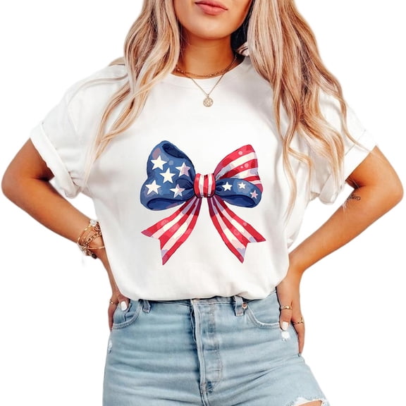Womens Patriotic Bow Print Tshirts Fashion US Flag Graphic Tees Short Sleeve Casual Tops Cotton Shirts for Daily Outfits White,S