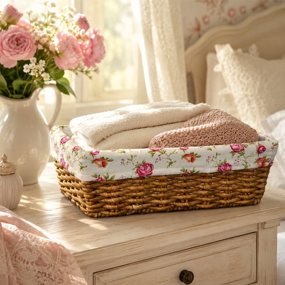 13 x 9 x 4.3 Inch Rectangular Woven Storage Basket, Detachable Washable Pink Rose Floral Fabric Liner Farmhouse Decor Organizer Bin for Dresser, Bathroom, Closet, Bedroom, Sundry Storage