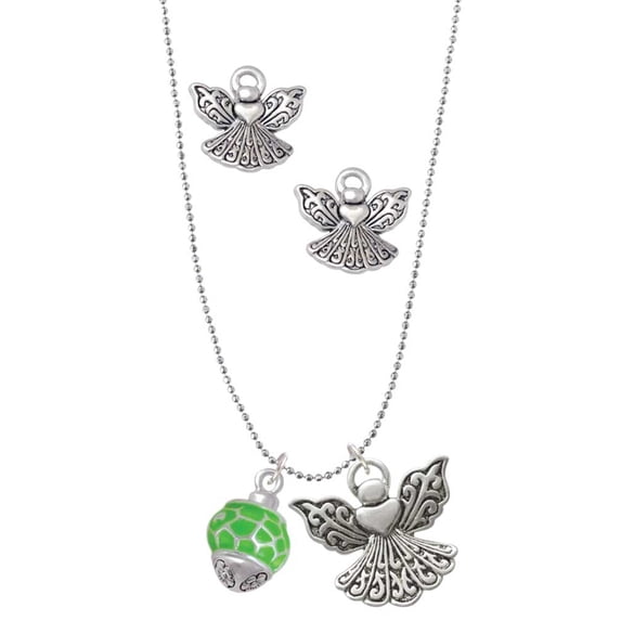 Delight Jewelry Silvertone Lime Green Giraffe Print Spinner Silver tone Guardian Angel Charm Necklace and Stud Earrings