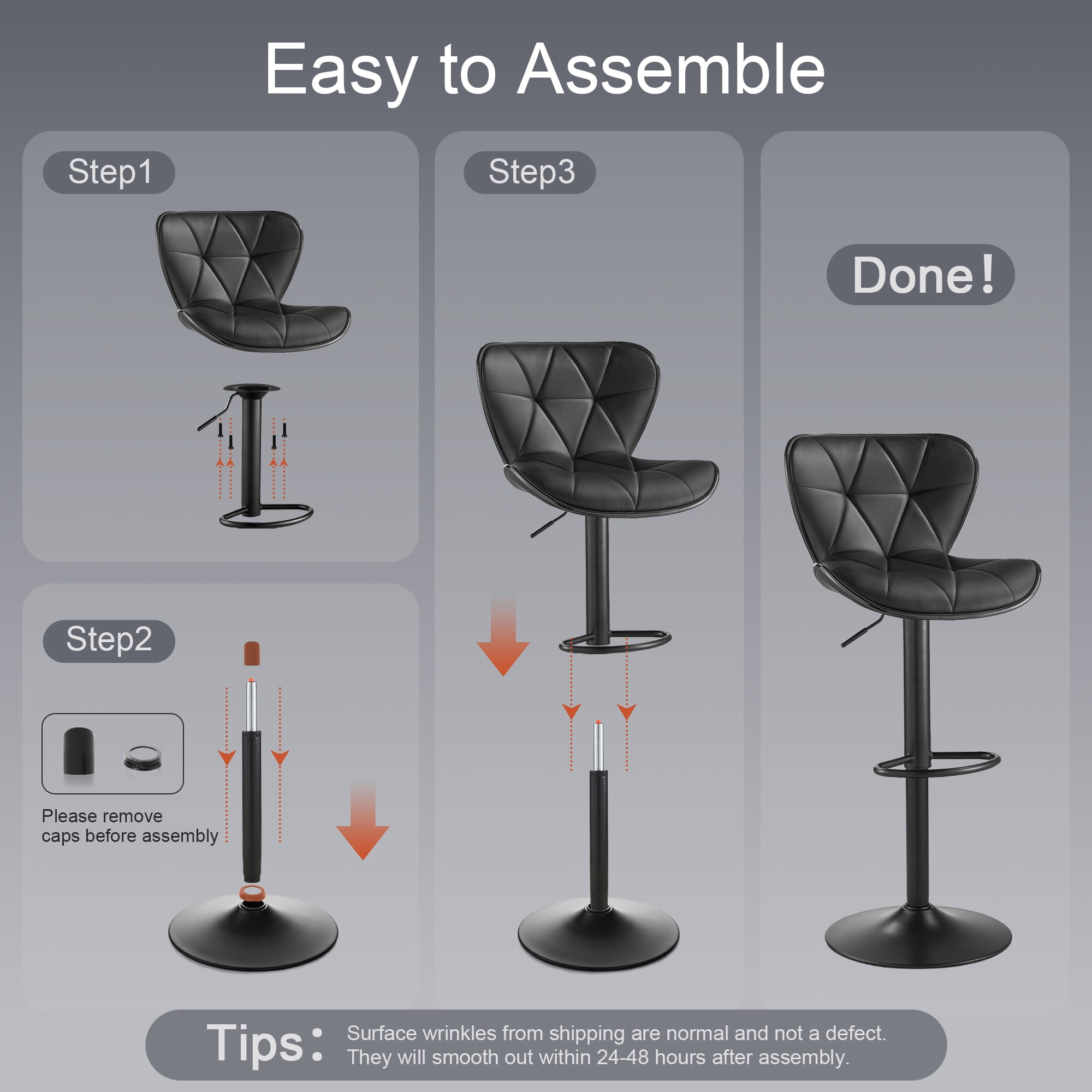 AUNEKIV Bar Stools, Swivel Counter Height Bar Stools, Adjustable Faux PU Leather Bar Chairs with Back and Footrest, Modern Upholstered Armless Counter Stools, Island Chairs for Bar Kitchen, Black