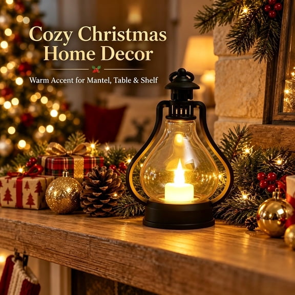 Vintage Christmas LED Lantern, Black Hurricane Lamp with Flickering Flameless Candle, Battery Operated Tabletop & Hanging Light for Indoor Christmas Holiday Decor