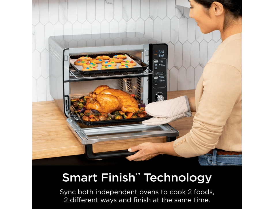 Restored Ninja 10-in-1 Double Oven with FlexDoor, Rapid Top Oven, Convection and Air Fry Bottom Oven, Bake, Roast, Toast, Air Fry, Pizza and More, DCT400 Stainless Steel (Refurbished)