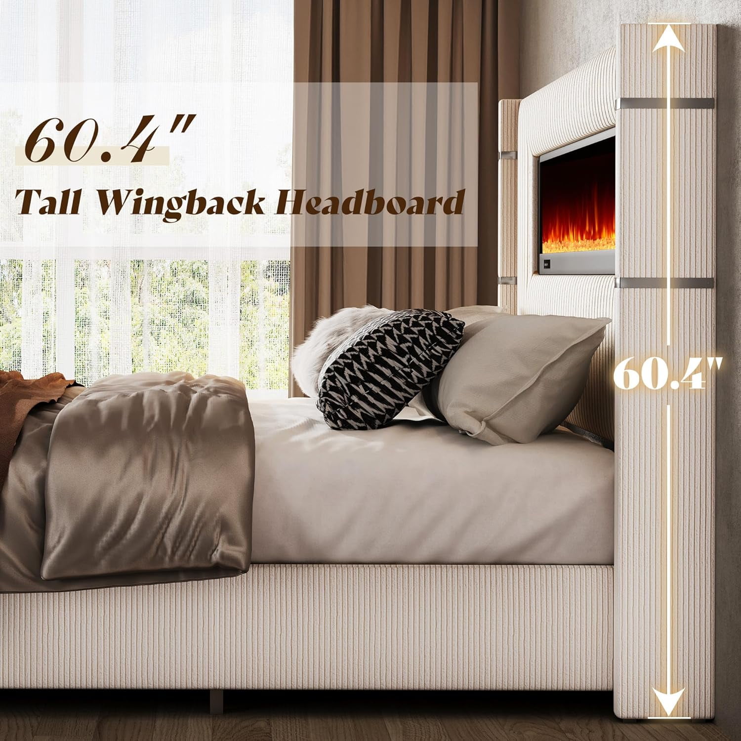 Merluxy Modern 60.4" H King Size Bed Frame with Fireplace and Tall Headboard, Cream Wingback Platform