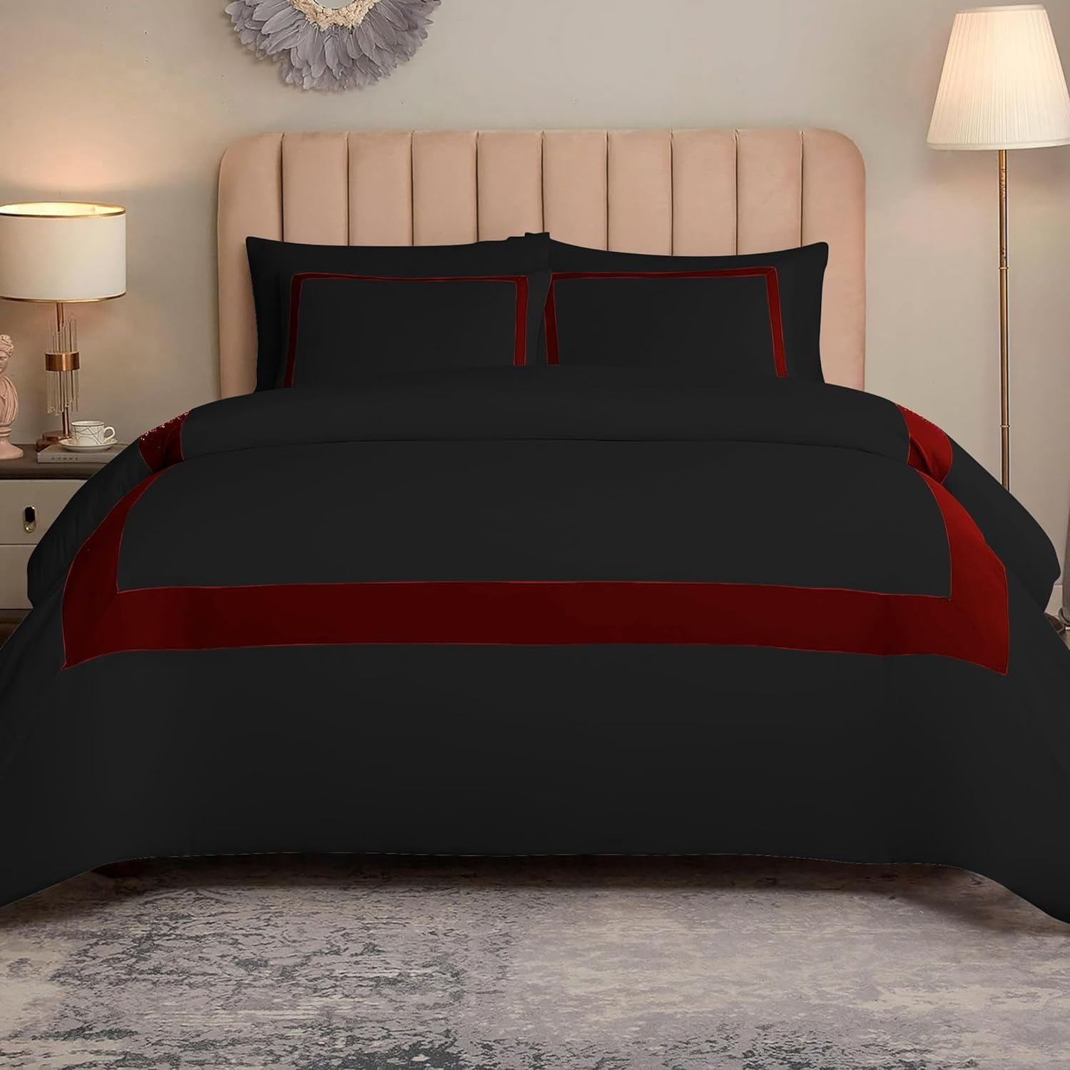 DNG Creations 1 Piece Full Black And Burgundy Border Line Pattern Duvet Cover - 100% Egyptian Cotton, 800 Thread Count ( Oversized King )