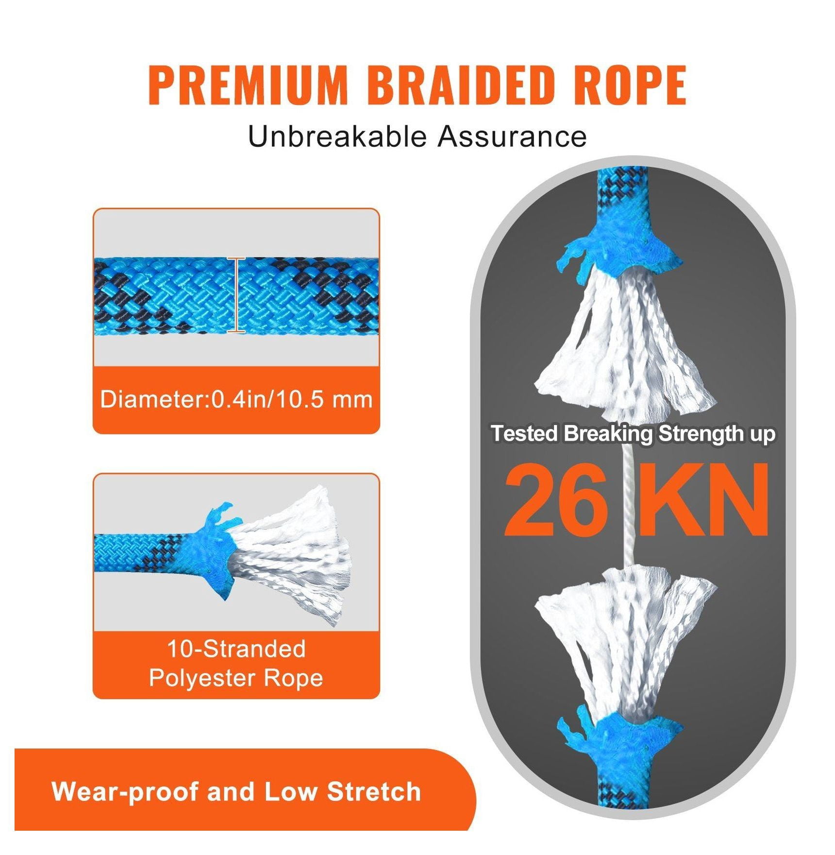 Static Climbing Rope 32ft, 10mm Rock Climbing Rope 26KN, Safety Rope with Carabiners & Bag
