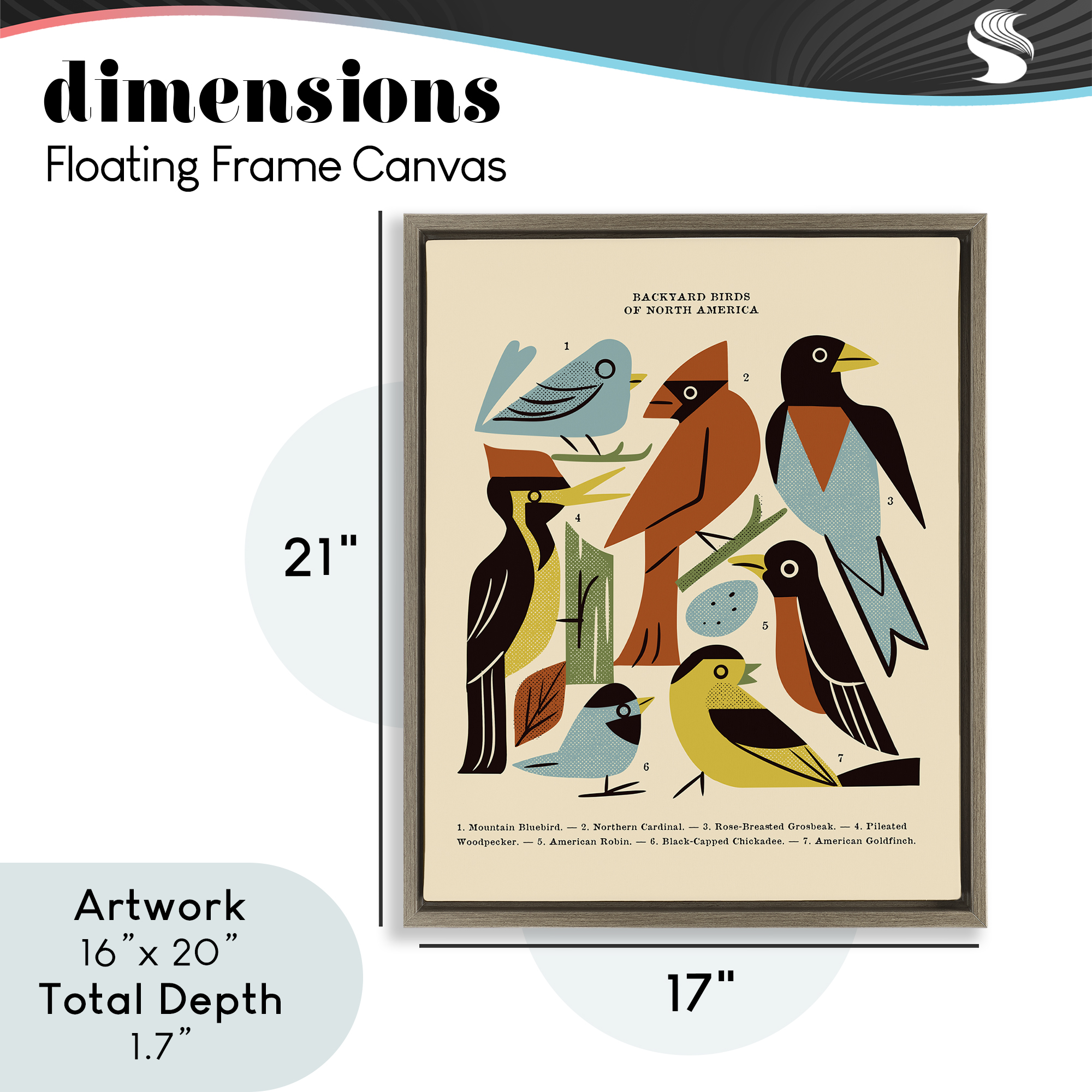 Backyard Birds Midcentury Modern Brown Framed Floater Canvas Wall Art, design by Renea L. Thull