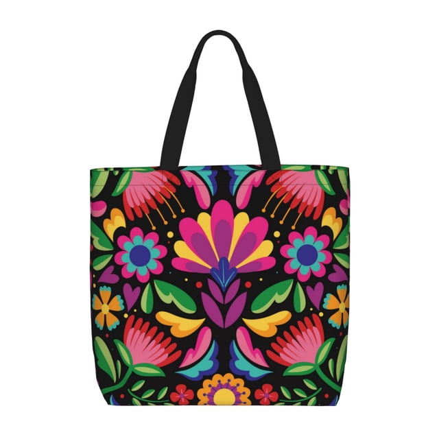 Cauagu Sac Fourre-Tout Broderie Florale Colorée Mexicaine pour Femmes Filles, Grand Sac Réutilisable pour Courses avec Poches Intérieures