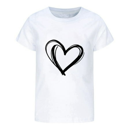 HNMKIU Valentine s Day T shirts Tops Girls Heart Print Summer Casual Tee Loose Fit Round Neck Short Sleeve Top For Everyday Wear White 6-7 Years