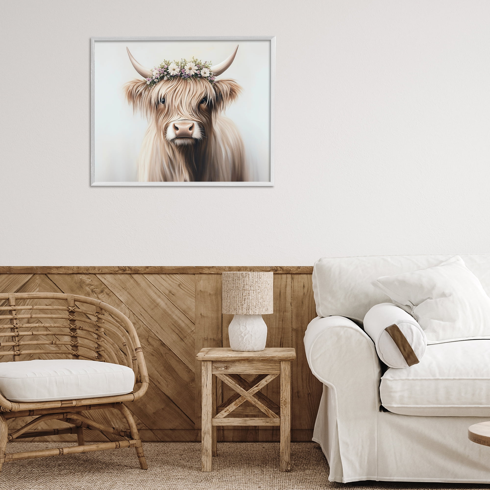 Shaggy Cattle Floral Crown White Framed Giclee Art, design by Shawna Stewart