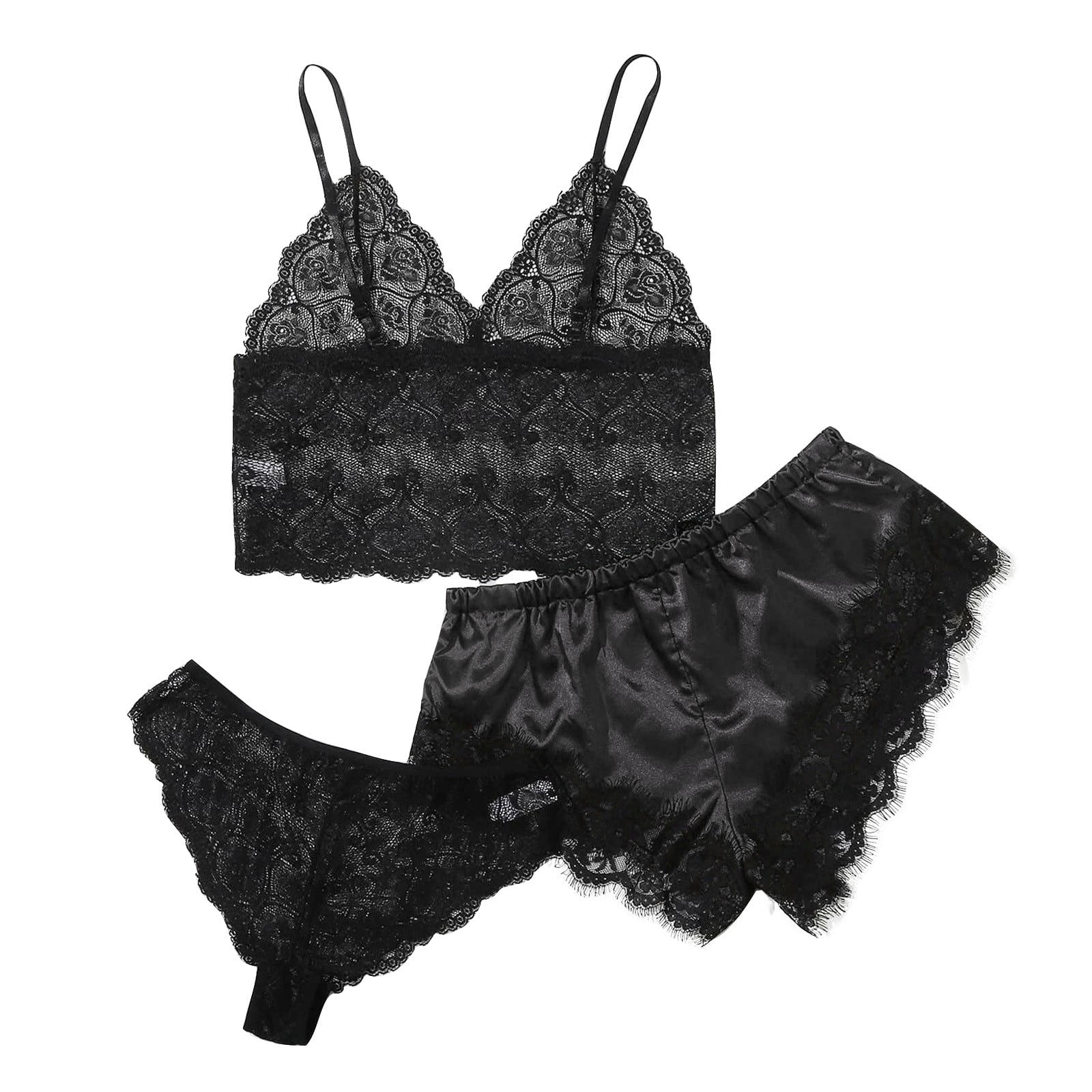 Eashery Lingerie Sets for Women Push Up Lace Sleepwear Ladies Pajamas Black  XL 