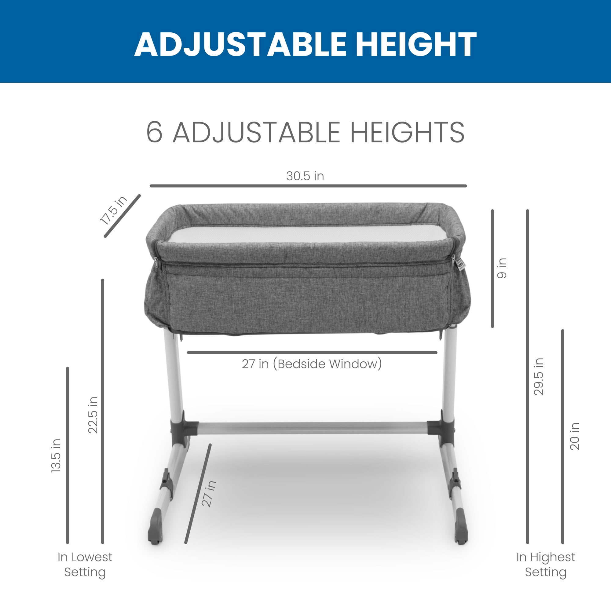 Simmons Kids Dream Bedside Baby Bassinet Sleeper with Breathable Mesh and Adjustable Heights - Lightweight Portable Crib, Grey