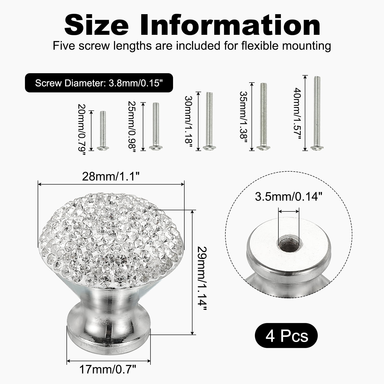 Uxcell Drawer Knobs,4Pcs 1.1 Inch (28mm)Diameter Bling Diamond Decoration Cabinet Knob, Round Rhinestones Pull Handle with Screws for Home, Office, Kitchen (White Base + White Diamond)