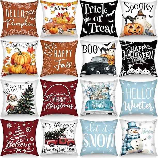 HAYAN Set of 16 Fall Pillow Covers 18 x 18 Inch Seasonal Throw Pillow Covers Halloween Thanksgiving Christmas Holiday Pillowcases Decorative Cushion Pillowcases for Farmhouse Home Couch Sofa Decor