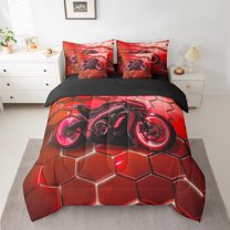 Erosebridal Red Motorcycle Bedding Full Size, Neon Geometry Bed in a Bag Full size, Sports Theme Decor, Reversible 7-Piece
