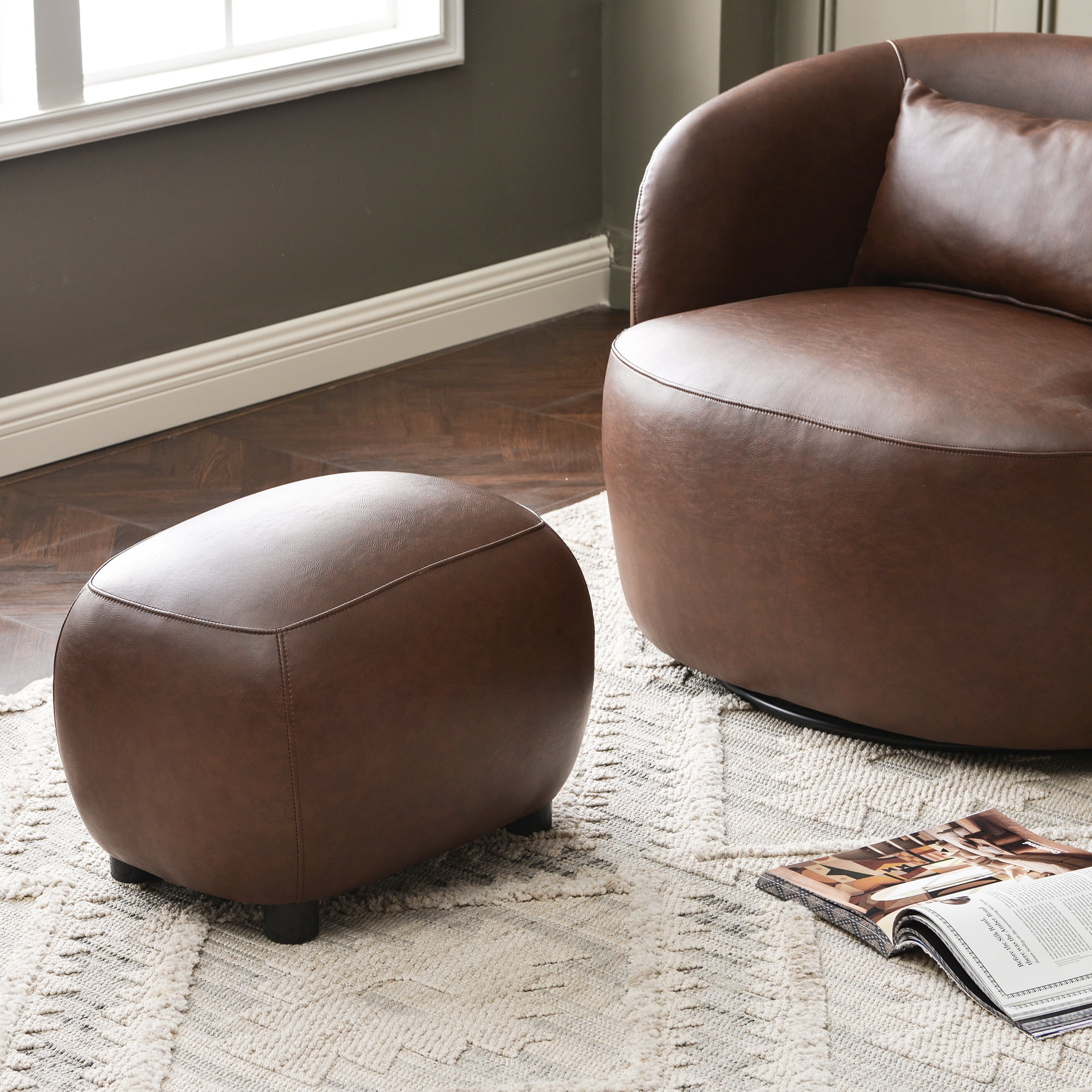 23" Wide Faux Leather Upholstered Ottoman, Mid-Century Modern Living Room Footrest with Soft Padded Seat, Footstool for Bedroom, Entryway or Living Room, Dark Brown