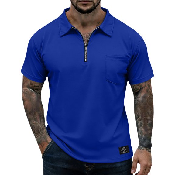 Zipper Polo Shirt Mens Casual Short Sleeve Polo T Shirt Classic Fit Shirts Blue S