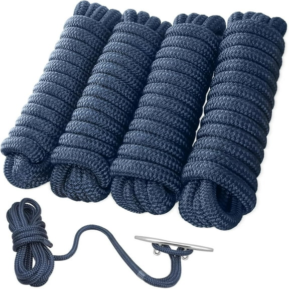 Boat Dock Lines 5/8'' x 15' Double Braided Nylon Boat Rope, Marine Grade Boat Lines for Docking with Loop, Breaking Strength of 9420 lbs, Mooring Lines Set - 4 Pack (Navy Blue)