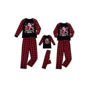Qiylii Parent-Child Christmas Sleepwear O-Neck Cartoon Tops + Plaid Trousers