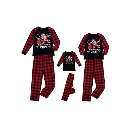 Qiylii Parent-Child Christmas Sleepwear O-Neck Cartoon Tops + Plaid Trousers