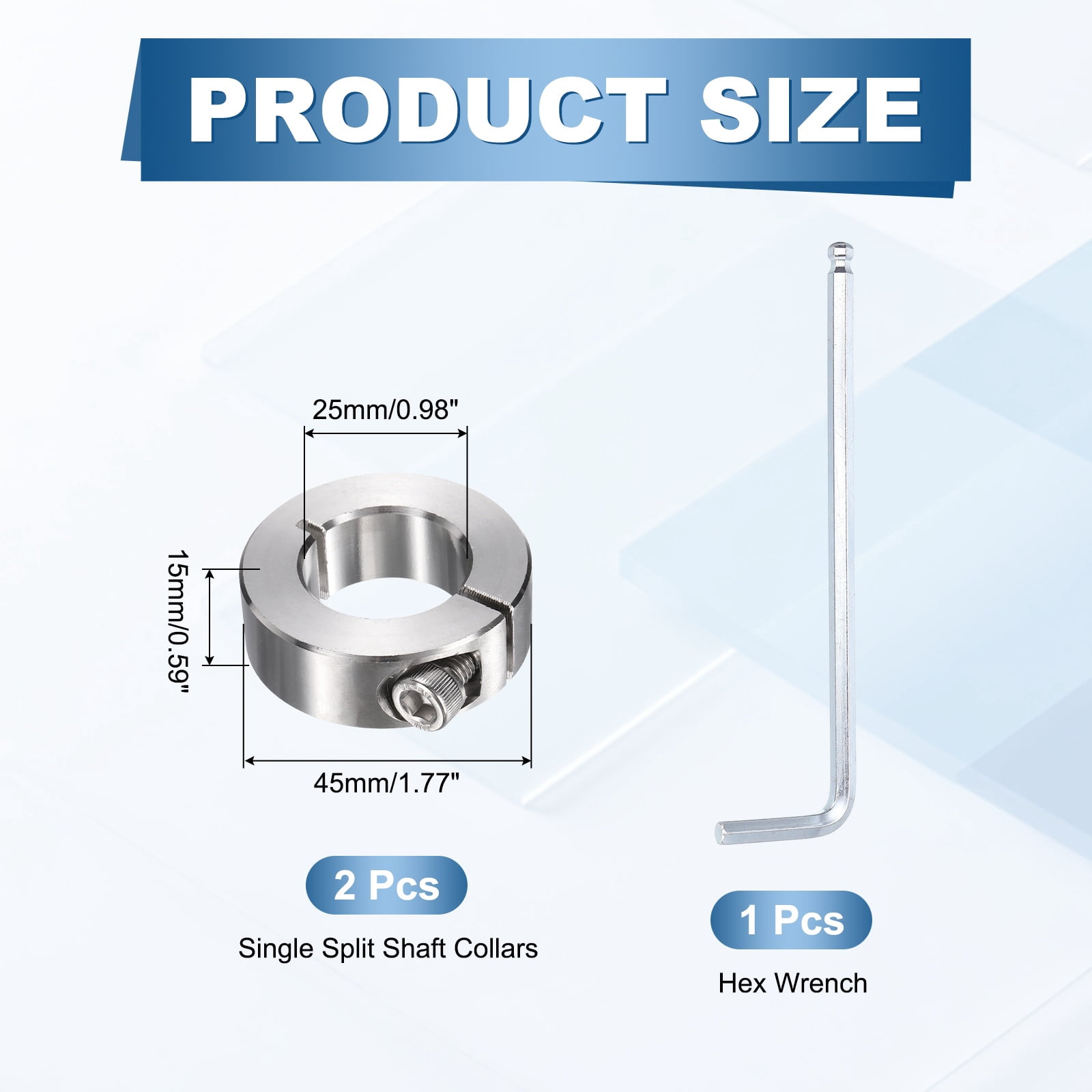 Uxcell 2Pcs Single Split Shaft Collars, 25mm Bore 304 Stainless Steel One-Piece Clamping Collar 45mm OD 15mm Thick Locking Clamp with Set Screw for Industry Machine Tools, Silver