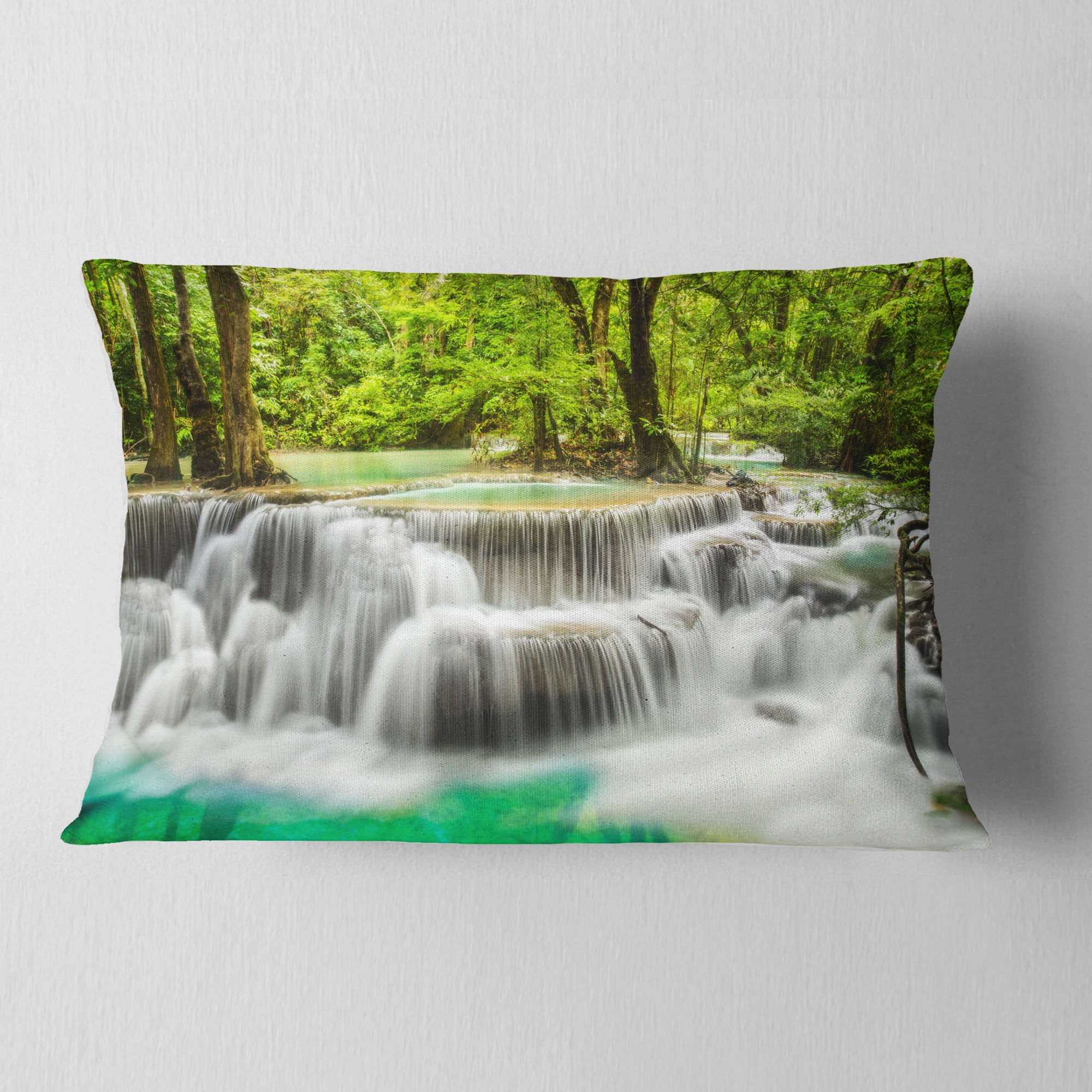 Designart Panoramic Erawan Waterfall - Landscape Photography Throw Pillow - 12x20