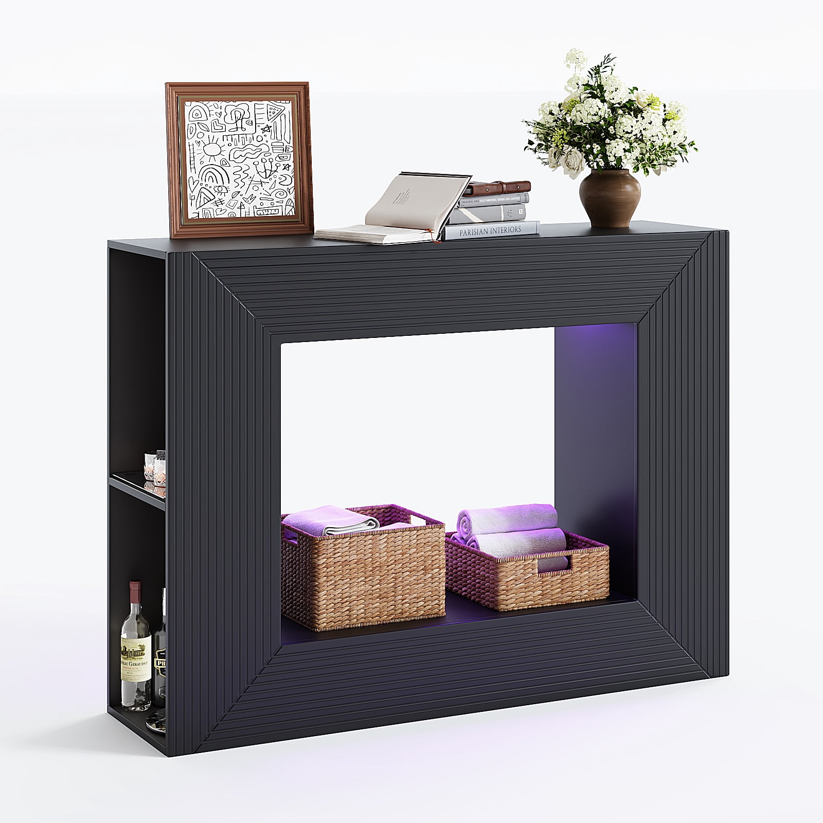 Ktaxon Modern Console Table with LED Light for Entryway, 43" Sofa Side Table with 4 Open Shelves Storage, Farmhouse Display Table Behind the Couch, Black