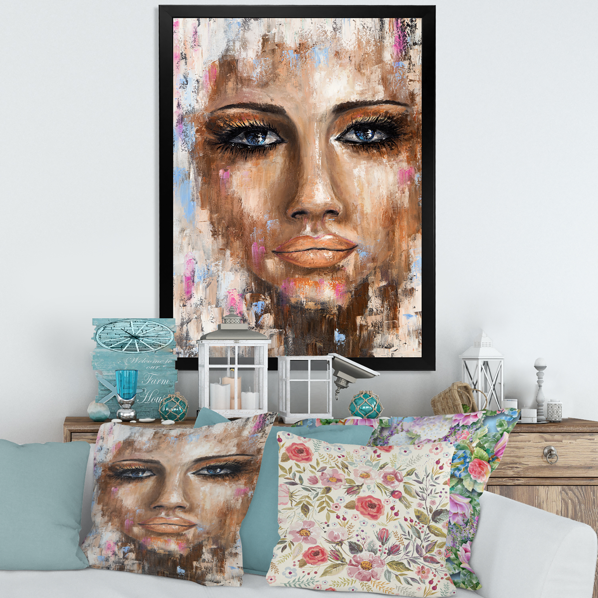 Designart 'Abstract Portrait Of A Young Woman With Blue Eyes I' Modern Framed Art Print