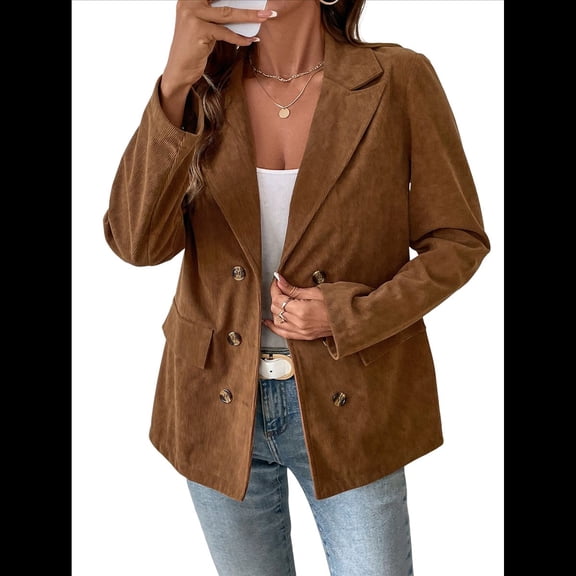 Women's Casual Corduroy Blazer Jacket Elegant Notched Lapel Single Breasted Suit Jacket Tops Coffee Brown L