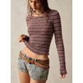 thumbnail image 4 of Women's Striped Ribbed Knit Top, Crew Neck Long Sleeve Fitted Blouse, Slim Fit Bodycon Pullover, Boho Vintage Everyday Wear for Women, 4 of 9