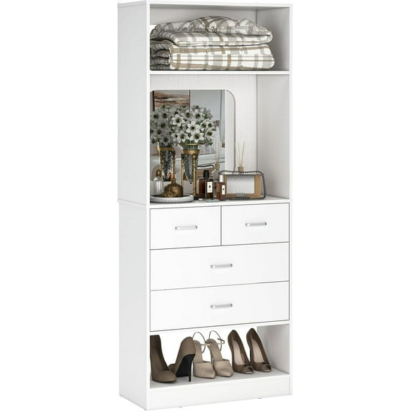 iSunirm Closet System with Drawers and Mirror, 25 Inch Freestanding Closet Organizer with Storage Shelves, Walk In Closet Tower for Closet, Bedroom, 25'' W x 15'' D x 80'' H, White