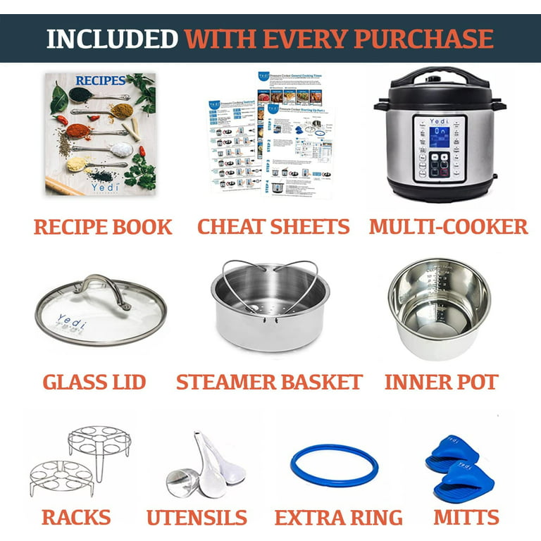 Yedi 9-in-1 Total Package Instant Programmable Pressure Cooker, 6 Quart,  Deluxe Accessory kit, Recipes, Pressure Cook, Slow Cook, Rice Cooker,  Yogurt Maker, Egg Cook, Saut , Steamer, Stainless Steel 