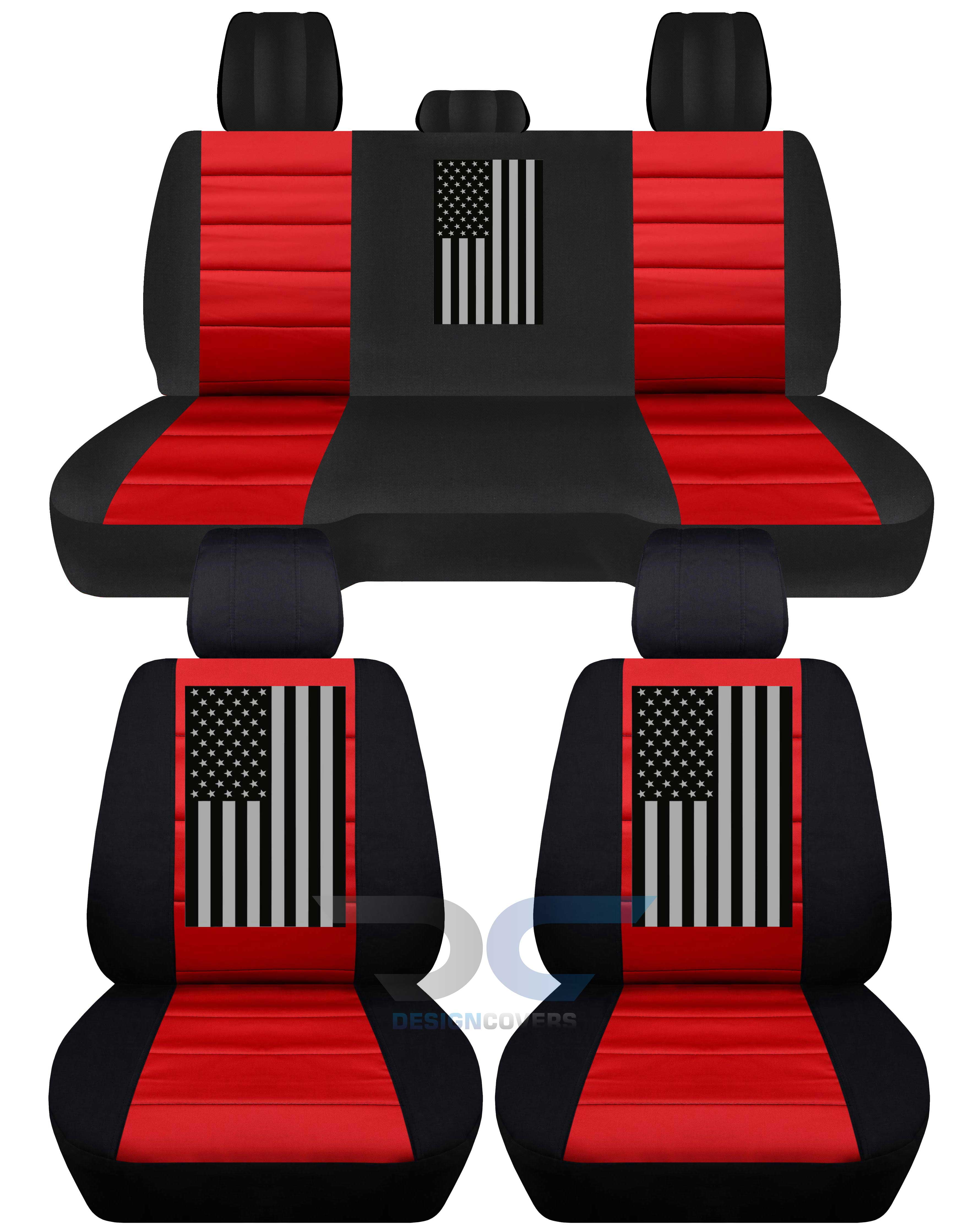 D2N-3-Designcovers Compatible with 2012-2018 Dodge Ram Two-Tone Cotton with American  Flag Truck Seat Covers (Solid Rear Bench ):Black and Red - Full Set  Front&Rear 