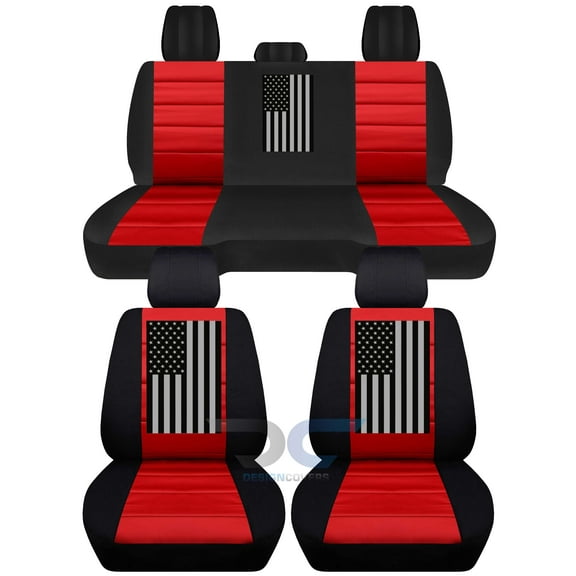Fits 2012-2018 Dodge Ram w US Flag CottonSeat Covers Solid Rr:Blk Red - Full Set