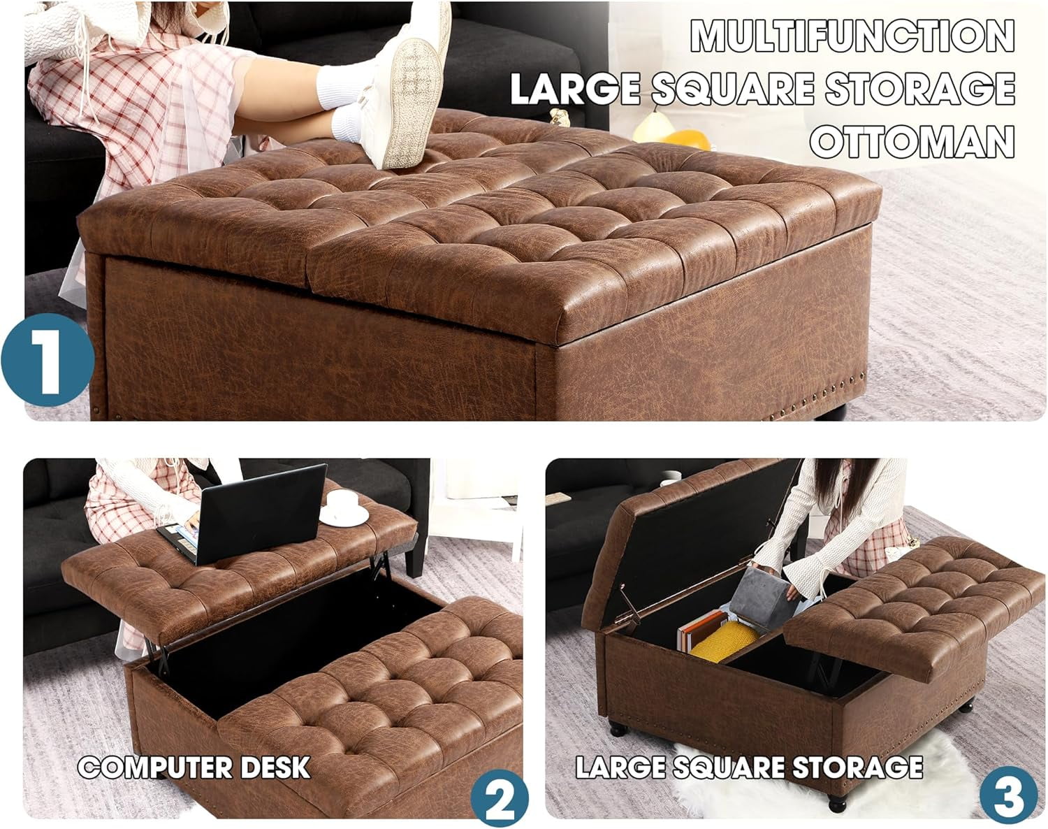Haverchair 35.5" Large Storage Ottoman Coffee Table, Square Ottoman Bench with Storage, Lift Top Oversized Storage Ottomans, Tufted Upholstered Coffee Tables for Living Room, Bedroom (Brown)