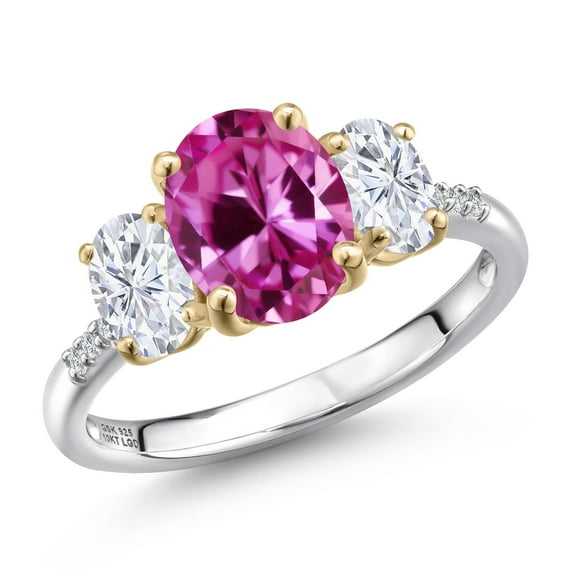 Gem Stone King 925 Silver and 10K Yellow Gold Pink Created Sapphire and White Moissanite and Lab Grown Diamond Engagement Ring for Women | 2.06 Cttw | Oval 9X7MM | September Birthstone | Size 7