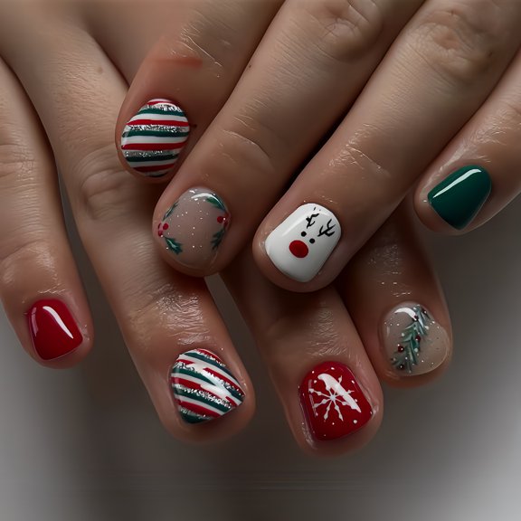 Christmas Press on Nails Short Square Fake Nails with Snowflake Designs Green Red Bling French Tips False Nails Cute Xmas Silver Glitter Full Cover Glossy Stick on Nails for Women Girls 24Pcs
